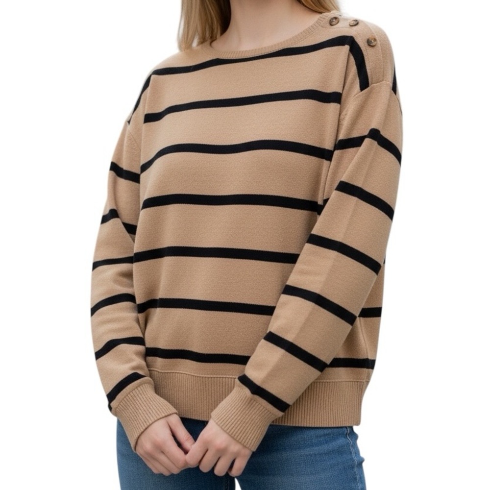 Sonoma Camel & Black Striped Button-Shoulder Crewneck Sweater